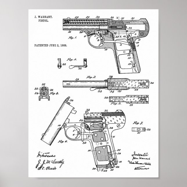 1908 Gun Warnant Patent Art Teckning Skriv ut Poster (Framsidan)