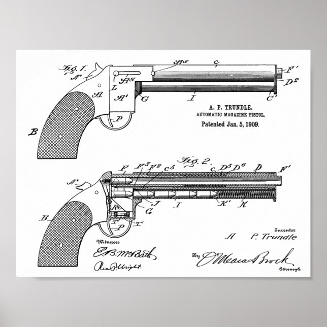 1909 Gun Auto Patent Art Teckning Skriv ut Poster (Framsidan)