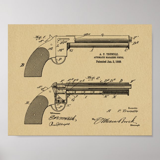 1909 Gun Auto Patent Art Teckning Skriv ut Poster (Framsidan)