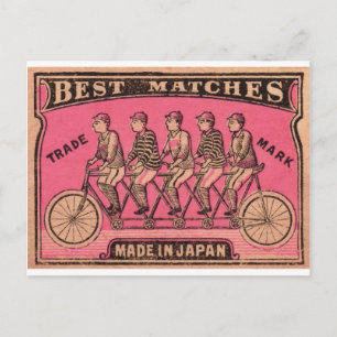 1910 Japansk etikett för Tandem Bicycle Matchbox Vykort