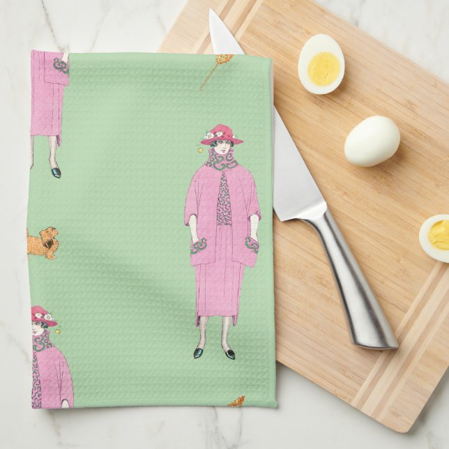 1910-talets illustration av Dam och Pekingese Hund Kökshandduk (Vikt i Fjärdedel)