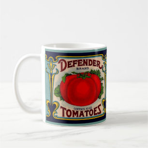 1910-talsetikett för försvarets märkestomater kaffemugg