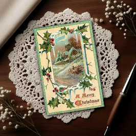1910 Vintage Christmas Holly Vykort