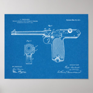 1911 Automatisk utskrift av Gun Patent Art Tecknin Poster