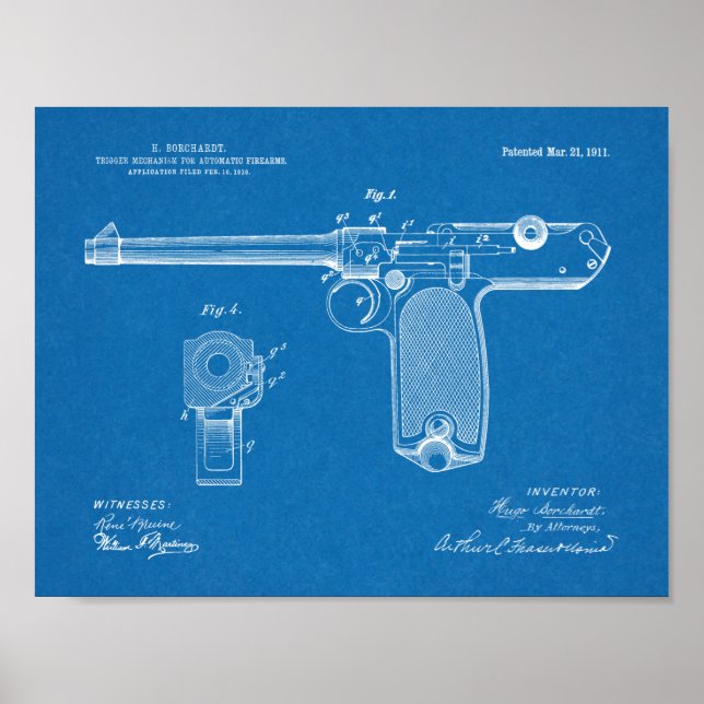 1911 Automatisk utskrift av Gun Patent Art Tecknin Poster (Framsidan)