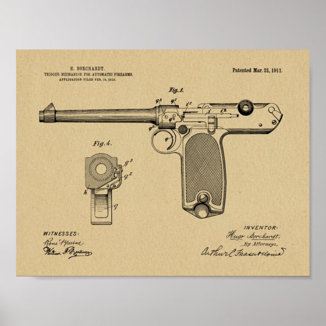 1911 Automatisk utskrift av Gun Patent Art Tecknin Poster (Framsidan)