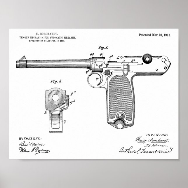 1911 Automatisk utskrift av Gun Patent Art Tecknin Poster (Framsidan)