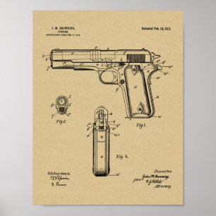 1911 Colt Browning Gun Patent Art Teckning Skriv u Poster