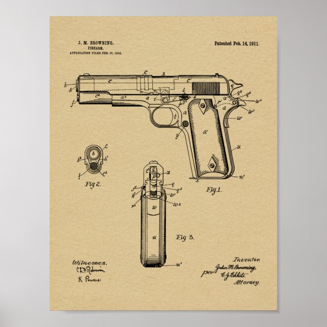 1911 Colt Browning Gun Patent Art Teckning Skriv u Poster (Framsidan)