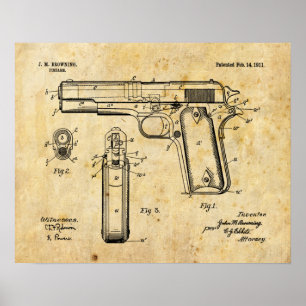 1911 Colt Browning Gun Patent Art Teckning Skriv u Poster