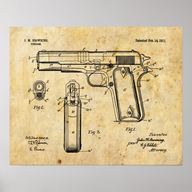 1911 Colt Browning Gun Patent Art Teckning Skriv u Poster (Framsidan)