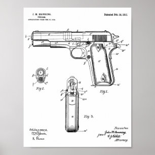 1911 Colt Browning Gun Patent Art Teckning Skriv u Poster