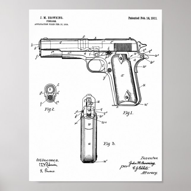 1911 Colt Browning Gun Patent Art Teckning Skriv u Poster (Framsidan)