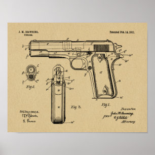 1911 Colt Browning Gun Patent Art Teckning Skriv u Poster