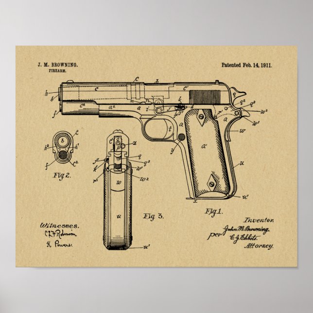 1911 Colt Browning Gun Patent Art Teckning Skriv u Poster (Framsidan)