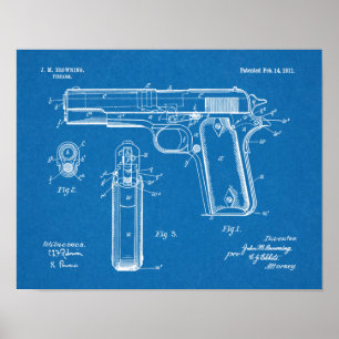 1911 Colt Browning Gun Patent Art Teckning Skriv u Poster