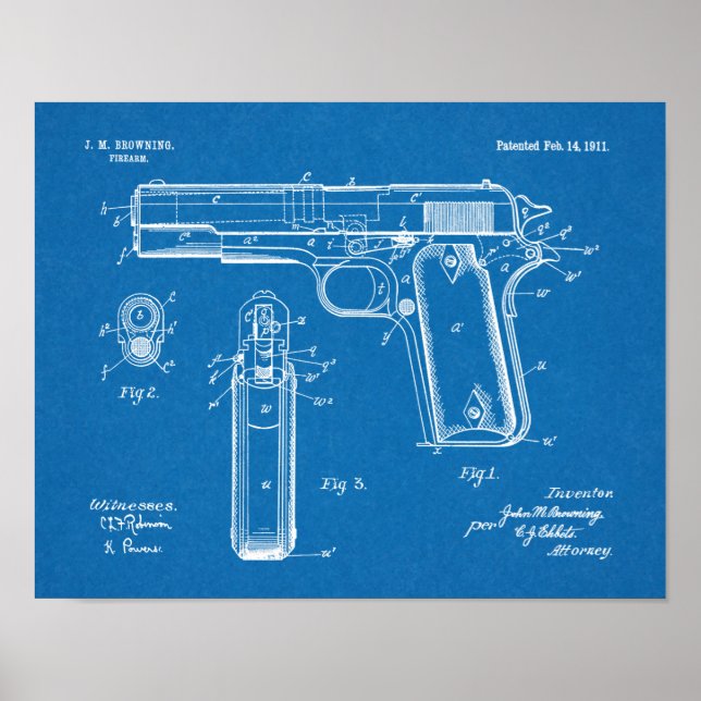 1911 Colt Browning Gun Patent Art Teckning Skriv u Poster (Framsidan)