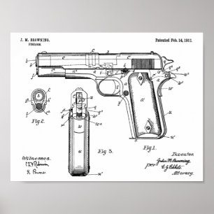 1911 Colt Browning Gun Patent Art Teckning Skriv u Poster