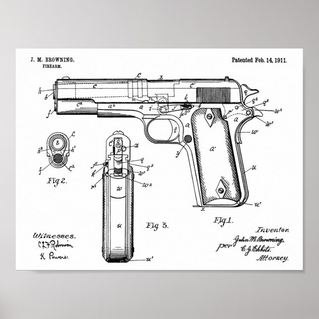 1911 Colt Browning Gun Patent Art Teckning Skriv u Poster (Framsidan)