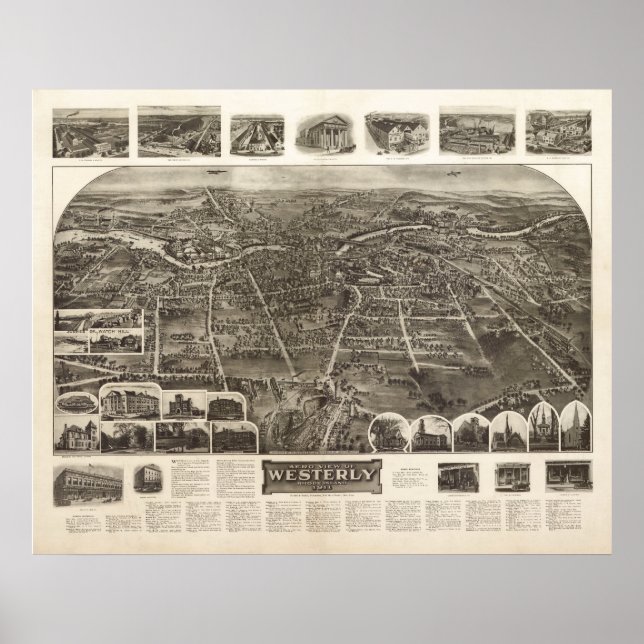 1911 Westerly, RI Birds Öga View Panoramic Karta Poster (Framsidan)