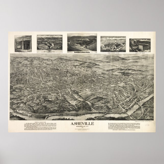 1912 Asheville, NC Birds Öga View Panoramic Karta Poster (Framsidan)