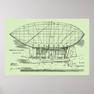 1912 Boat Airship Balloon Patent Art Teckning Skri Poster
