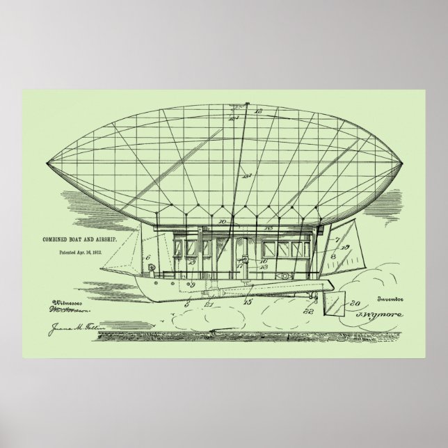 1912 Boat Airship Balloon Patent Art Teckning Skri Poster (Framsidan)