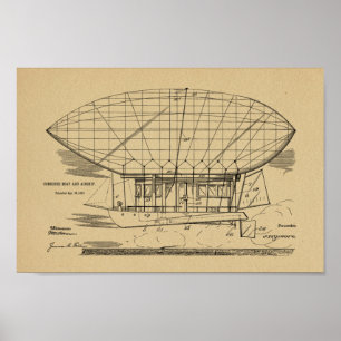 1912 Boat Airship Balloon Patent Art Teckning Skri Poster