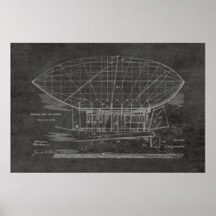 1912 Boat Airship Balloon Patent Art Teckning Skri Poster