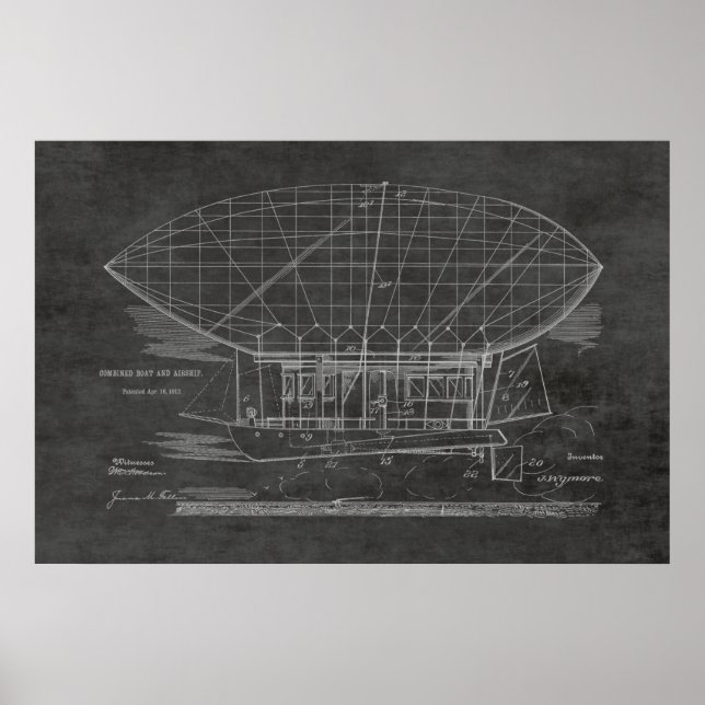 1912 Boat Airship Balloon Patent Art Teckning Skri Poster (Framsidan)