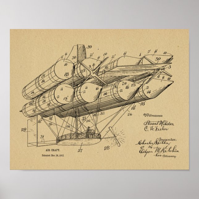 1912 Gamla flygplansmönstret Patent Art Teckning P Poster (Framsidan)