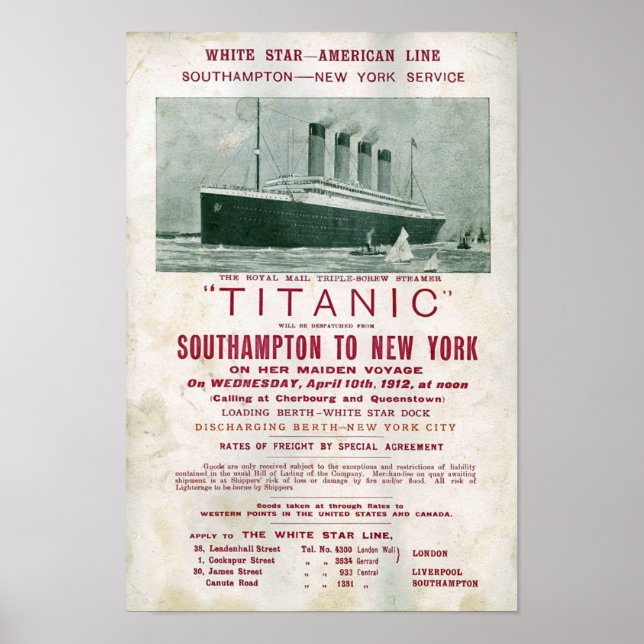 1912 TITANIC-inbjudan för frakt Poster (Framsidan)