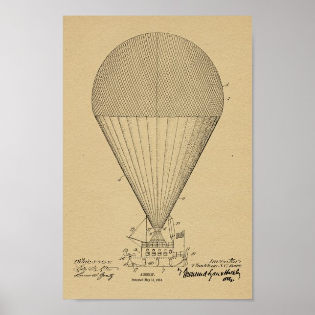 1913 Boat Airship Balloon Patent Art Teckning Skri Poster (Framsidan)