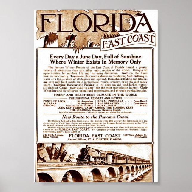 1913 Florida Öster Kusten-järnvägskorridoren Poster (Framsidan)