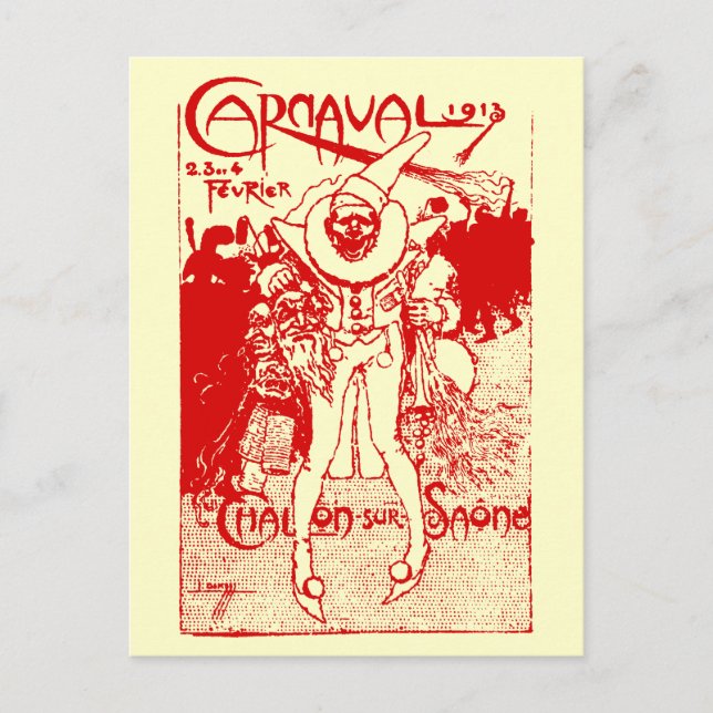 1913 Fransk Carnival Poster, rött Vykort (Framsida)