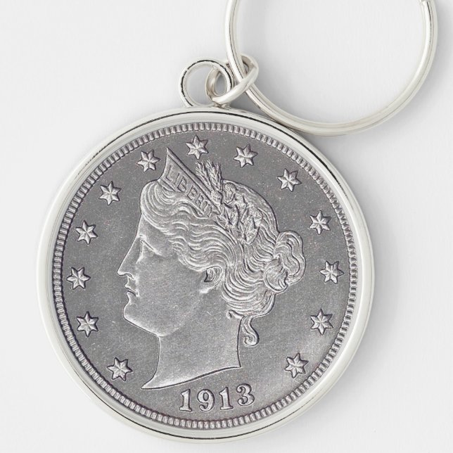 1913 Liberty Head Nickel Premium Round Keychain Rund Silverfärgad Nyckelring (Framsidan)