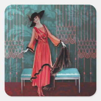 1913 Luxe: Vintage Mode i Röda och turkos Fyrkantigt Klistermärke