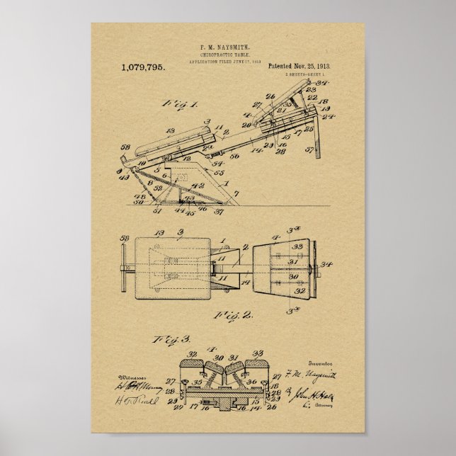 1913 Vintage Chiropraktic Bord Patent Art Print Poster (Framsidan)