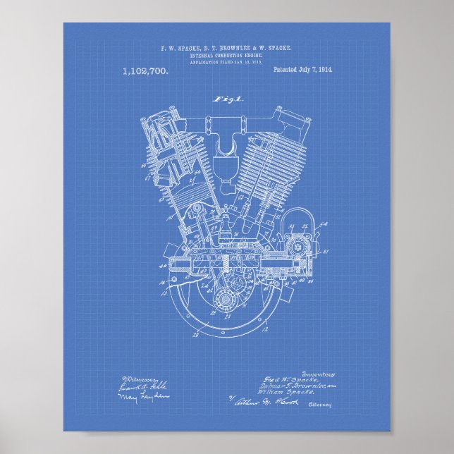 1914 års interna förbränningsmotor - patentskiss poster (Framsidan)