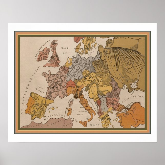 1914 Den tyska WWI-Tecknaden Karta i Europa Poster (Framsidan)