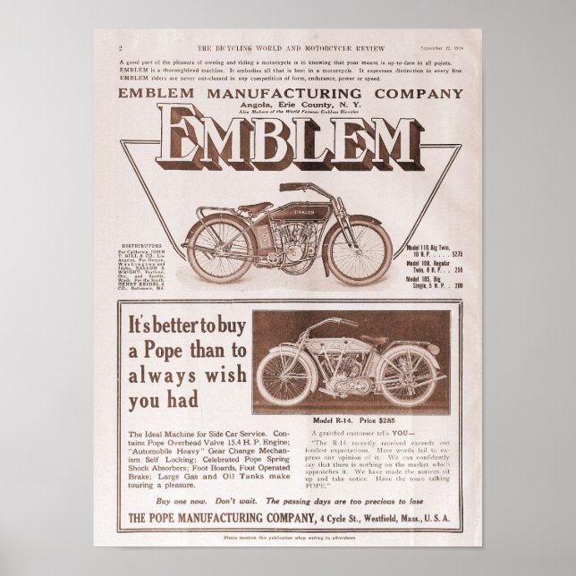 1914 Emblem och Pope motorcykel Poster (Framsidan)