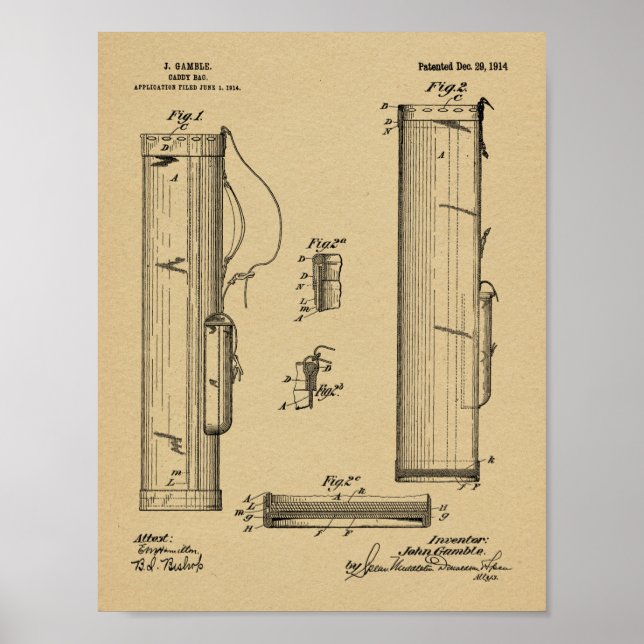 1914 Golf Caddy Klubb Bag Design Patent Art Print Poster (Framsidan)