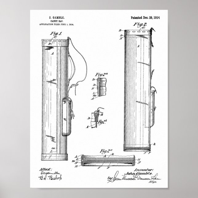 1914 Golf Caddy Klubb Bag Design Patent Art Print Poster (Framsidan)