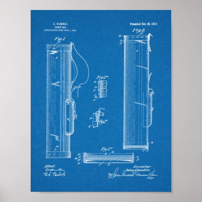 1914 Golf Caddy Klubb Bag Design Patent Art Print Poster (Framsidan)