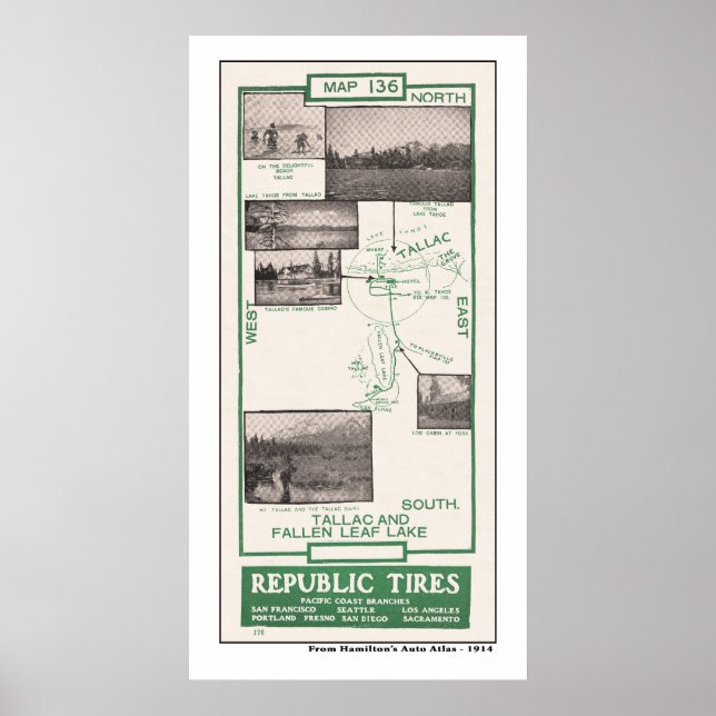 1914 Karta, Fallen Löv Sjö och Tallac Poster (Framsidan)