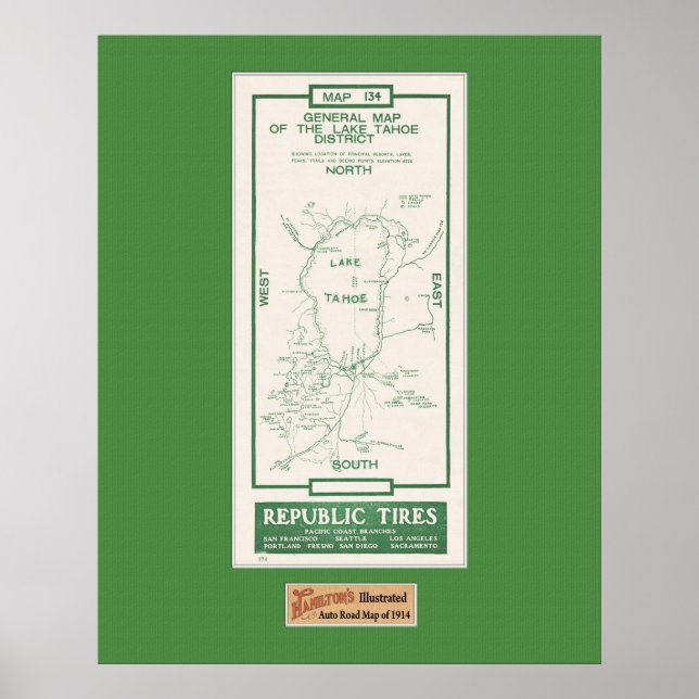 1914 Karta i Sjö Tahoe Poster (Framsidan)