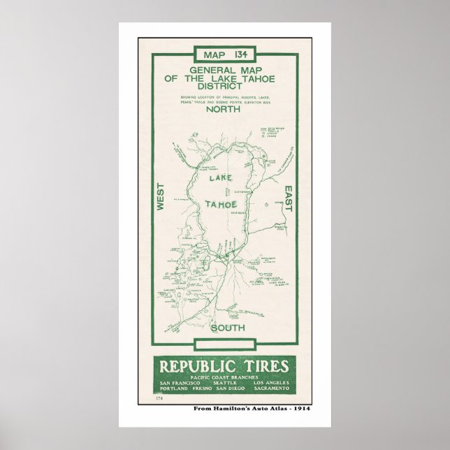 1914 Karta i Sjö Tahoe Poster (Framsidan)