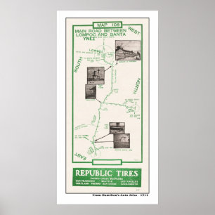 1914 Karta, Lompoc till Santa Ynez Poster