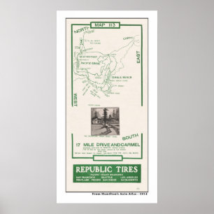 1914 karta, Pebble Beach, 17 mile drev, Carmel Poster