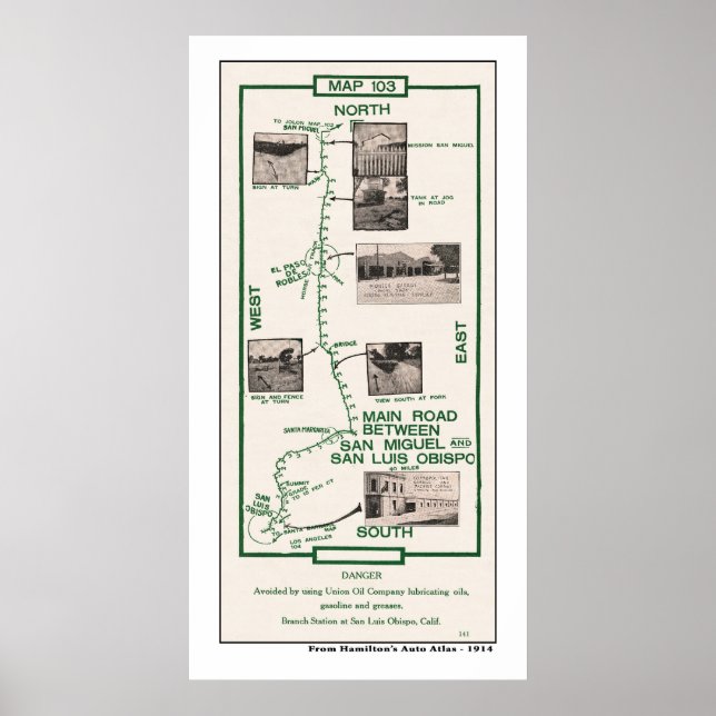 1914 Karta, San Miguel till San Luis Obispo Poster (Framsidan)